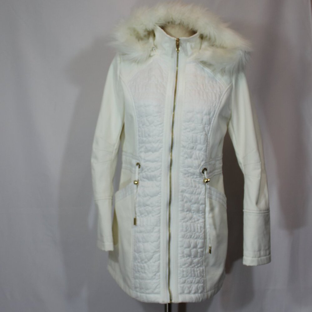 Via Spiga white hooded fur zip ladies light quilted pattern coat size small